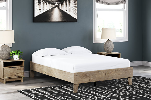 Bringing big style to small living areas, the Oliah full bed is a smart, space-saving choice for those with an eye for contemporary design. Its clean-lined profile with understated refinements creates such a simple silhouette that works in so many settings. Best of all, our innovative bed-in-a-box shipping system delivers your new bed right to the door.Full platform bed (does not include headboard) | Includes footboard, rails and platform (no additional foundation/box spring needed) | Made with engineered wood (MDF/particleboard) and decorative laminate | Dry, light finish with replicated oak grain and authentic touch | Mattress available, sold separately | Assembly required | Estimated Assembly Time: 30 Minutes