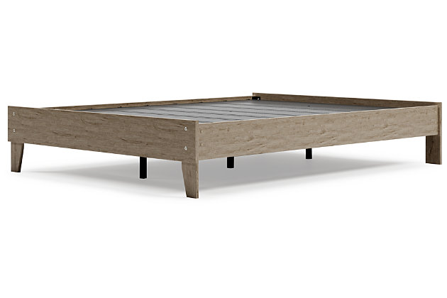 Bringing big style to living areas, the Oliah bed is a smart, space-saving choice for those with an eye for contemporary design. Its clean-lined profile with understated refinements creates such a simple silhouette that works in so many settings. Best of all, our innovative bed-in-a-box shipping system delivers your new bed right to the door.platform bed (does not include headboard) | Includes footboard, rails and platform (no additional foundation/box spring needed) | Made with engineered wood (MDF/particleboard) and decorative laminate | Dry, light finish with replicated oak grain and authentic touch | Mattress available, sold separately | Assembly required | Estimated Assembly Time: 30 Minutes