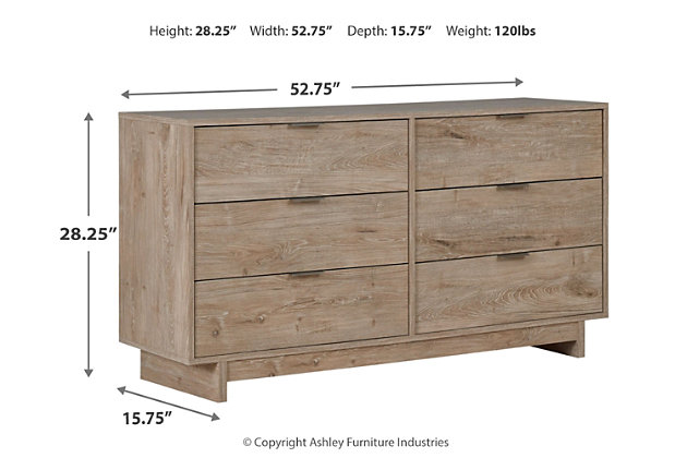 Bringing big style to small living areas, the Oliah dresser is a smart, space-saving choice for those with an eye for contemporary design. Its clean-lined profile and understated refinements create such a simple silhouette that works in so many settings. Flush-mount drawers with integrated pulls keep this dresser on the cutting edge of cool.Made with engineered wood (MDF/particleboard) and decorative laminate | Dry, light finish with replicated oak grain and authentic touch | 6 spacious smooth-gliding drawers; vinyl-wrapped sides and back for extra durability | Brushed nickel-tone tab pulls | Safety is a top priority, clothing storage units are designed to meet the most current standard for stability, ASTM F 2057 (ASTM International) | Drawers extend out to accommodate maximum access to drawer interior while maintaining safety | Assembly required | Estimated Assembly Time: 40 Minutes