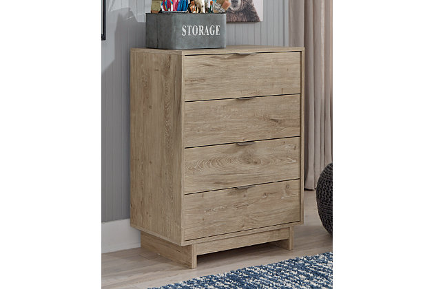 Bringing big style to small living areas, the Oliah chest of drawers is a smart, space-saving choice for those with an eye for contemporary design. Its clean-lined profile and understated refinements create such a simple silhouette that works in so many settings. Flush-mount drawers with integrated pulls keep this chest on the cutting edge of cool.Made with engineered wood (MDF/particleboard) and decorative laminate | Dry, light finish with replicated oak grain and authentic touch | 4 spacious smooth-gliding drawers; vinyl-wrapped sides and back for extra durability | Brushed nickel-tone tab pulls | Safety is a top priority, clothing storage units are designed to meet the most current standard for stability, ASTM F 2057 (ASTM International) | Drawers extend out to accommodate maximum access to drawer interior while maintaining safety | Assembly required | Estimated Assembly Time: 30 Minutes