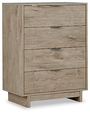 Bringing big style to small living areas, the Oliah chest of drawers is a smart, space-saving choice for those with an eye for contemporary design. Its clean-lined profile and understated refinements create such a simple silhouette that works in so many settings. Flush-mount drawers with integrated pulls keep this chest on the cutting edge of cool.Made of engineered wood (MDF/particleboard) and decorative laminate | Dry, light finish with replicated oak grain and authentic touch | 4 spacious smooth-gliding drawers; vinyl wrapped sides and back for extra durability | Brushed nickel-tone tab pulls | Safety is a top priority, clothing storage units are designed to meet the most current standard for stability, ASTM F 2057 (ASTM International) | Drawers extend out to accommodate maximum access to drawer interior while maintaining safety | Assembly required | Estimated Assembly Time: 30 Minutes