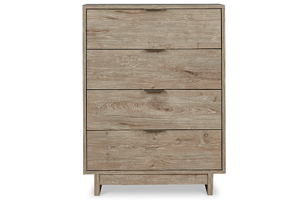 Bringing big style to small living areas, the Oliah chest of drawers is a smart, space-saving choice for those with an eye for contemporary design. Its clean-lined profile and understated refinements create such a simple silhouette that works in so many settings. Flush-mount drawers with integrated pulls keep this chest on the cutting edge of cool.Made with engineered wood (MDF/particleboard) and decorative laminate | Dry, light finish with replicated oak grain and authentic touch | 4 spacious smooth-gliding drawers; vinyl-wrapped sides and back for extra durability | Brushed nickel-tone tab pulls | Safety is a top priority, clothing storage units are designed to meet the most current standard for stability, ASTM F 2057 (ASTM International) | Drawers extend out to accommodate maximum access to drawer interior while maintaining safety | Assembly required | Estimated Assembly Time: 30 Minutes