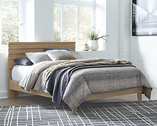 Bringing big style to small living areas, the Oliah queen bed is a smart, space-saving choice for those with an eye for contemporary design. Clean-lined profile with understated refinements creates such a simple silhouette that works in so many settings. Best of all, our innovative bed-in-a-box shipping system delivers your new bed right to the door.Complete queen bed in a box | Includes headboard, footboard, rails and platform (no additional foundation/box spring needed) | Made of engineered wood and decorative laminate | Dry, light finish with replicated oak grain and authentic touch | Mattress available, sold separately | Assembly required | Estimated Assembly Time: 50 Minutes
