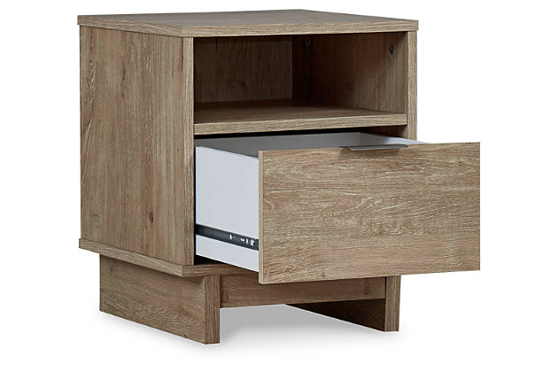 Bringing big style to small living areas, the Oliah nightstand is a smart, space-saving choice for those with an eye for contemporary design. Clean-lined profile and understated refinements create such a simple silhouette that works in so many settings. Flush-mount drawer and open cubby keep this nightstand on the cutting edge of cool.Made of engineered wood and decorative laminate | Dry, light finish with replicated oak grain and authentic touch | Smooth-gliding drawer; vinyl wrapped sides and back for extra durability; open cubby | Brushed nickel-tone tab pull | Assembly required | Estimated Assembly Time: 25 Minutes