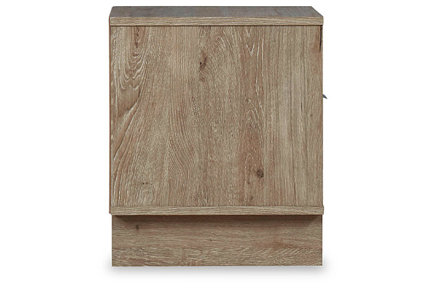Bringing big style to small living areas, the Oliah nightstand is a smart, space-saving choice for those with an eye for contemporary design. Clean-lined profile and understated refinements create such a simple silhouette that works in so many settings. Flush-mount drawer and open cubby keep this nightstand on the cutting edge of cool.Made of engineered wood and decorative laminate | Dry, light finish with replicated oak grain and authentic touch | Smooth-gliding drawer; vinyl wrapped sides and back for extra durability; open cubby | Brushed nickel-tone tab pull | Assembly required | Estimated Assembly Time: 25 Minutes