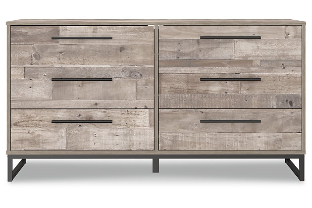 Part beach chic, part urban hip, the Neilsville dresser is everything you dreamed of, at a comfortably cool price. The butcher block whitewash finish over replicated pine grain lends a richly relaxed aesthetic that suits your sensibility. Dark pewter-tone drawer pulls and sled legs add a high design element. What an easy-breezy choice for a naturally beautiful bedroom retreat.Made of engineered wood and decorative laminate | Butcher block, whitewash finish over replicated pine grain with authentic touch | Dark pewter-tone hardware and metal sled legs | 6 smooth-gliding drawers | Vinyl wrapped drawer sides and back for durability | Safety is a top priority, clothing storage units are designed to meet the most current standard for stability, ASTM F 2057 (ASTM International) | Drawers extend out to accommodate maximum access to drawer interior while maintaining safety | Assembly required | Estimated Assembly Time: 50 Minutes