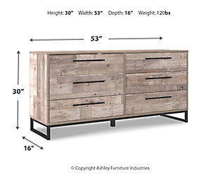 Part beach chic, part urban hip, the Neilsville dresser is everything you dreamed of, at a comfortably cool price. The butcher block whitewash finish over replicated pine grain lends a richly relaxed aesthetic that suits your sensibility. Dark pewter-tone drawer pulls and sled legs add a high design element. What an easy-breezy choice for a naturally beautiful bedroom retreat.Made with engineered wood (MDF/particleboard) and decorative laminate | Butcher block, whitewash finish over replicated pine grain with authentic touch | Dark pewter-tone hardware and metal sled legs | 6 smooth-gliding drawers with vinyl-wrapped sides and back | Safety is a top priority, clothing storage units are designed to meet the most current standard for stability, ASTM F 2057 (ASTM International) | Drawers extend out to accommodate maximum access to drawer interior while maintaining safety | Assembly required | Estimated Assembly Time: 50 Minutes