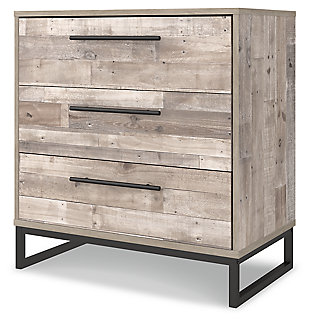 Part beach chic, part urban hip, the Neilsville 3-drawer chest is everything you dreamed of, at a comfortably cool price. The butcher block whitewash finish over replicated pine grain lends a richly relaxed aesthetic that suits your sensibility. Dark pewter-tone drawer pulls and sled legs add a high design element. What an easy-breezy choice for a naturally beautiful bedroom retreat.Made with engineered wood (MDF/particleboard) and decorative laminate | Butcher block, whitewash finish over replicated pine grain with authentic touch | Dark pewter-tone hardware and metal sled legs | 3 smooth-gliding drawers with vinyl-wrapped sides and back | Safety is a top priority, clothing storage units are designed to meet the most current standard for stability, ASTM F 2057 (ASTM International) | Drawers extend out to accommodate maximum access to drawer interior while maintaining safety | Assembly required | Estimated Assembly Time: 25 Minutes