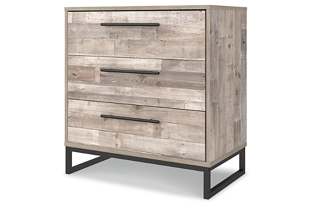 Part beach chic, part urban hip, the Neilsville 3-drawer chest is everything you dreamed of, at a comfortably cool price. The butcher block whitewash finish over replicated pine grain lends a richly relaxed aesthetic that suits your sensibility. Dark pewter-tone drawer pulls and sled legs add a high design element. What an easy-breezy choice for a naturally beautiful bedroom retreat.Made of engineered wood and decorative laminate | Butcher block, whitewash finish over replicated pine grain with authentic touch | Dark pewter-tone hardware and metal sled legs | 3 smooth-gliding drawers | Vinyl wrapped drawer sides and back for durability | Safety is a top priority, clothing storage units are designed to meet the most current standard for stability, ASTM F 2057 (ASTM International) | Drawers extend out to accommodate maximum access to drawer interior while maintaining safety | Assembly required | Estimated Assembly Time: 25 Minutes