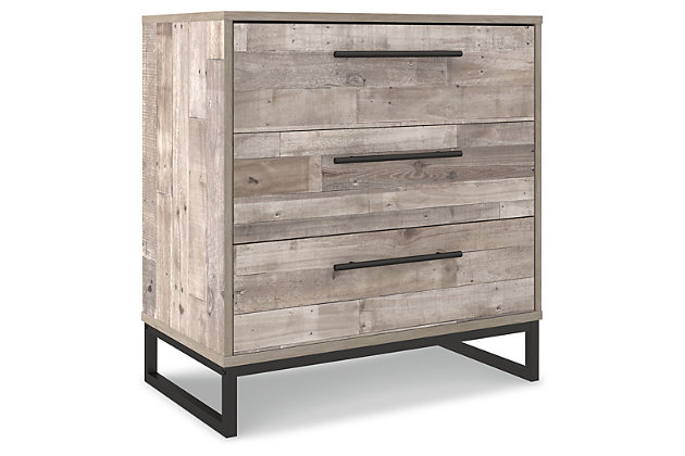 Part beach chic, part urban hip, the Neilsville 3-drawer chest is everything you dreamed of, at a comfortably cool price. The butcher block whitewash finish over replicated pine grain lends a richly relaxed aesthetic that suits your sensibility. Dark pewter-tone drawer pulls and sled legs add a high design element. What an easy-breezy choice for a naturally beautiful bedroom retreat.Made of engineered wood and decorative laminate | Butcher block, whitewash finish over replicated pine grain with authentic touch | Dark pewter-tone hardware and metal sled legs | 3 smooth-gliding drawers | Vinyl wrapped drawer sides and back for durability | Safety is a top priority, clothing storage units are designed to meet the most current standard for stability, ASTM F 2057 (ASTM International) | Drawers extend out to accommodate maximum access to drawer interior while maintaining safety | Assembly required | Estimated Assembly Time: 25 Minutes