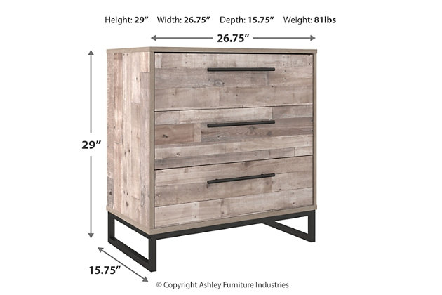 Part beach chic, part urban hip, the Neilsville 3-drawer chest is everything you dreamed of, at a comfortably cool price. The butcher block whitewash finish over replicated pine grain lends a richly relaxed aesthetic that suits your sensibility. Dark pewter-tone drawer pulls and sled legs add a high design element. What an easy-breezy choice for a naturally beautiful bedroom retreat.Made with engineered wood (MDF/particleboard) and decorative laminate | Butcher block, whitewash finish over replicated pine grain with authentic touch | Dark pewter-tone hardware and metal sled legs | 3 smooth-gliding drawers with vinyl-wrapped sides and back | Safety is a top priority, clothing storage units are designed to meet the most current standard for stability, ASTM F 2057 (ASTM International) | Drawers extend out to accommodate maximum access to drawer interior while maintaining safety | Assembly required | Estimated Assembly Time: 25 Minutes