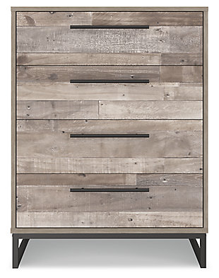 Part beach chic, part urban hip, the Neilsville 4-drawer chest is everything you dreamed of, at a comfortably cool price. The butcher block whitewash finish over replicated pine grain lends a richly relaxed aesthetic that suits your sensibility. Dark pewter-tone drawer pulls and sled legs add a high design element. What an easy-breezy choice for a naturally beautiful bedroom retreat.Made with engineered wood (MDF/particleboard) and decorative laminate | Butcher block, whitewash finish over replicated pine grain with authentic touch | Dark pewter-tone hardware and metal sled legs | 4 smooth-gliding drawers with vinyl-wrapped sides and back | Safety is a top priority, clothing storage units are designed to meet the most current standard for stability, ASTM F 2057 (ASTM International) | Drawers extend out to accommodate maximum access to drawer interior while maintaining safety | Assembly required | Estimated Assembly Time: 30 Minutes