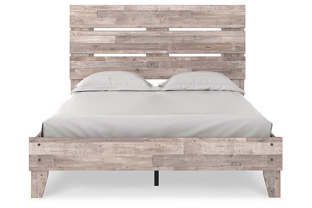 Part beach chic, part urban hip, the Neilsville platform bed is everything you dreamed of, at a comfortably cool price. The butcher block, whitewash finish over replicated pine grain lends a richly relaxed aesthetic that suits your sensibility. What an easy-breezy choice for a naturally beautiful bedroom retreat.Complete bed in a box  | Includes headboard, footboard, rails and platform | Made with engineered wood (MDF/particleboard) and decorative laminate | Butcher block, whitewash finish over replicated pine grain with authentic touch | Bed does not require additional foundation/box spring | Mattress available, sold separately | Assembly required | Estimated Assembly Time: 50 Minutes