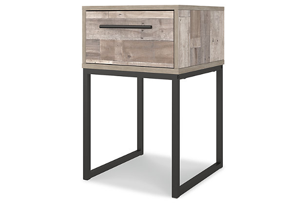 Part beach chic, part urban hip, the Neilsville nightstand is everything you dreamed of, at a comfortably cool price. The butcher block whitewash finish over replicated pine grain lends a richly relaxed aesthetic that suits your sensibility. Dark pewter-tone drawer pull and sled legs add a high design element. What an easy-breezy choice for a naturally beautiful bedroom retreat.Made of engineered wood and decorative laminate | Butcher block, whitewash finish over replicated pine grain with authentic touch | Dark pewter-tone hardware and metal sled legs | Smooth-gliding drawer | Vinyl wrapped drawer sides and back for durability | Assembly required | Estimated Assembly Time: 15 Minutes