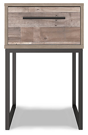 Part beach chic, part urban hip, the Neilsville nightstand is everything you dreamed of, at a comfortably cool price. The butcher block whitewash finish over replicated pine grain lends a richly relaxed aesthetic that suits your sensibility. A dark pewter-tone drawer pull and sled legs add a high design element. What an easy-breezy choice for a naturally beautiful bedroom retreat.Made with engineered wood (MDF/particleboard) and decorative laminate | Butcher block, whitewash finish over replicated pine grain with authentic touch | Dark pewter-tone hardware and metal sled legs | Smooth-gliding drawer with vinyl-wrapped sides and back | Assembly required | Estimated Assembly Time: 15 Minutes
