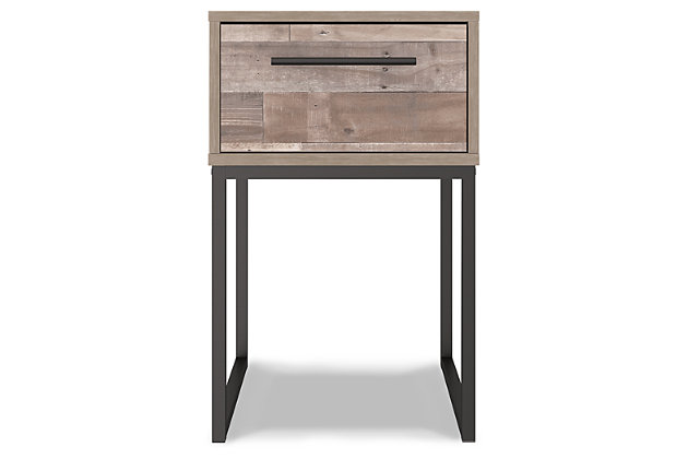 Part beach chic, part urban hip, the Neilsville nightstand is everything you dreamed of, at a comfortably cool price. The butcher block whitewash finish over replicated pine grain lends a richly relaxed aesthetic that suits your sensibility. Dark pewter-tone drawer pull and sled legs add a high design element. What an easy-breezy choice for a naturally beautiful bedroom retreat.Made of engineered wood and decorative laminate | Butcher block, whitewash finish over replicated pine grain with authentic touch | Dark pewter-tone hardware and metal sled legs | Smooth-gliding drawer | Vinyl wrapped drawer sides and back for durability | Assembly required | Estimated Assembly Time: 15 Minutes
