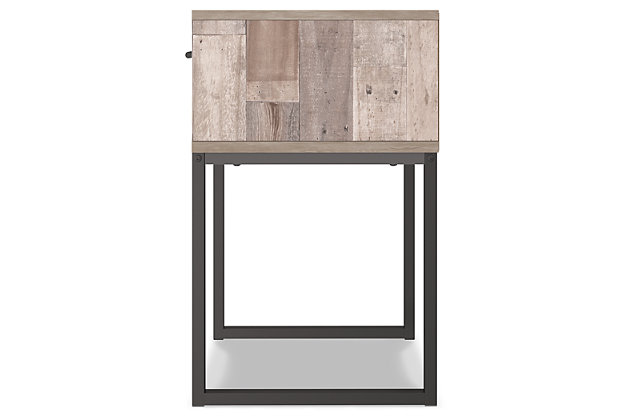 Part beach chic, part urban hip, the Neilsville nightstand is everything you dreamed of, at a comfortably cool price. The butcher block whitewash finish over replicated pine grain lends a richly relaxed aesthetic that suits your sensibility. A dark pewter-tone drawer pull and sled legs add a high design element. What an easy-breezy choice for a naturally beautiful bedroom retreat.Made with engineered wood (MDF/particleboard) and decorative laminate | Butcher block, whitewash finish over replicated pine grain with authentic touch | Dark pewter-tone hardware and metal sled legs | Smooth-gliding drawer with vinyl-wrapped sides and back | Assembly required | Estimated Assembly Time: 15 Minutes