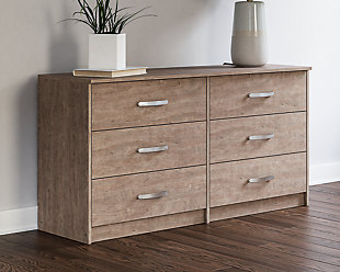 If you’re a fan of clean, crisp and contemporary interiors, rest assured the Flannia dresser suits you. The linear profile and flush-mount drawers are enhanced with a warm gray vintage finish with subtle pearl effect over replicated cherry grain. Large satin nickel-tone pulls are an artful touch. Hard to believe such a high-style aesthetic can be so attractively priced.Made of engineered wood and decorative laminate | Warm gray vintage finish with subtle pearl effect over replicated cherry grain | Satin nickel-tone hardware | 6 smooth-gliding drawers | Vinyl wrapped drawer sides and back for durability | Safety is a top priority, clothing storage units are designed to meet the most current standard for stability, ASTM F 2057 (ASTM International) | Drawers extend out to accommodate maximum access to drawer interior while maintaining safety | Assembly required | Estimated Assembly Time: 50 Minutes