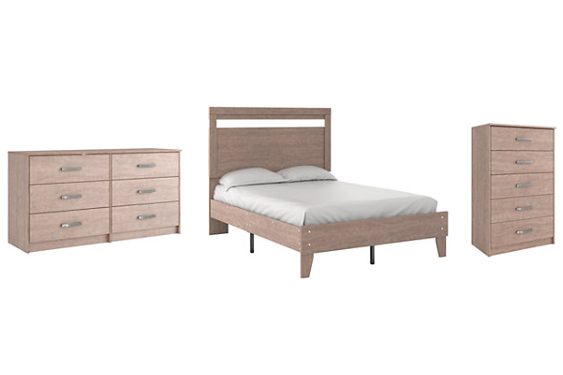 If you’re a fan of clean, crisp and contemporary interiors, rest assured the Flannia bedroom set suits you. The linear profile is enhanced with a warm gray vintage finish with subtle pearl effect over replicated cherry grain. Hard to believe such high style can be so attractively priced.Includes panel platform bed (headboard and platform bed), 5-drawer chest and 6-drawer dresser | Made with engineered wood (MDF/particleboard) and decorative laminate | Warm gray vintage finish with subtle pearl effect over replicated cherry grain | Satin nickel-toned hardware | Dresser and chest with smooth-gliding drawers; vinyl-wrapped drawer sides and back for durability | Bed does not require additional foundation/box spring | Mattress available, sold separately | Safety is a top priority, clothing storage units are designed to meet the most current standard for stability, ASTM F 2057 (ASTM International) | Drawers extend out to accommodate maximum access to drawer interior while maintaining safety | Assembly required | Estimated Assembly Time: 140 Minutes