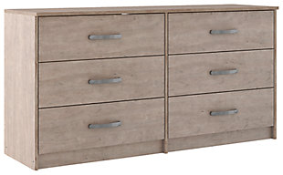 If you’re a fan of clean, crisp and contemporary interiors, rest assured the Flannia dresser suits you. The linear profile and flush-mount drawers are enhanced with a warm gray vintage finish with subtle pearl effect over replicated cherry grain. Large satin nickel-tone pulls are an artful touch. Hard to believe such a high-style aesthetic can be so attractively priced.Made of engineered wood (MDF/particleboard) and decorative laminate | Warm gray vintage finish with subtle pearl effect over replicated cherry grain | Satin nickel-tone hardware | 6 smooth-gliding drawers | Vinyl wrapped drawer sides and back for durability | Safety is a top priority, clothing storage units are designed to meet the most current standard for stability, ASTM F 2057 (ASTM International) | Drawers extend out to accommodate maximum access to drawer interior while maintaining safety | Assembly required | Estimated Assembly Time: 50 Minutes