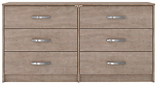 If you’re a fan of clean, crisp and contemporary interiors, rest assured the Flannia dresser suits you. The linear profile and flush-mount drawers are enhanced with a warm gray vintage finish with subtle pearl effect over replicated cherry grain. Large satin nickel-tone pulls are an artful touch. Hard to believe such a high-style aesthetic can be so attractively priced.Made of engineered wood (MDF/particleboard) and decorative laminate | Warm gray vintage finish with subtle pearl effect over replicated cherry grain | Satin nickel-tone hardware | 6 smooth-gliding drawers | Vinyl wrapped drawer sides and back for durability | Safety is a top priority, clothing storage units are designed to meet the most current standard for stability, ASTM F 2057 (ASTM International) | Drawers extend out to accommodate maximum access to drawer interior while maintaining safety | Assembly required | Estimated Assembly Time: 50 Minutes