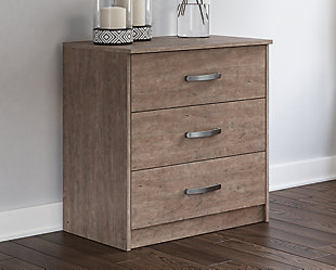 If you’re a fan of clean, crisp and contemporary interiors, rest assured the Flannia chest suits you. The linear profile and flush-mount drawers are enhanced with a warm gray vintage finish with subtle pearl effect over replicated cherry grain. Large satin nickel-tone pulls are an artful touch. Hard to believe such a high-style aesthetic can be so attractively priced.Made of engineered wood (MDF/particleboard) and decorative laminate | Warm gray vintage finish with subtle pearl effect over replicated cherry grain | Satin nickel-tone hardware | 3 smooth-gliding drawers | Vinyl wrapped drawer sides and back for durability | Safety is a top priority, clothing storage units are designed to meet the most current standard for stability, ASTM F 2057 (ASTM International) | Drawers extend out to accommodate maximum access to drawer interior while maintaining safety | Assembly required | Estimated Assembly Time: 25 Minutes
