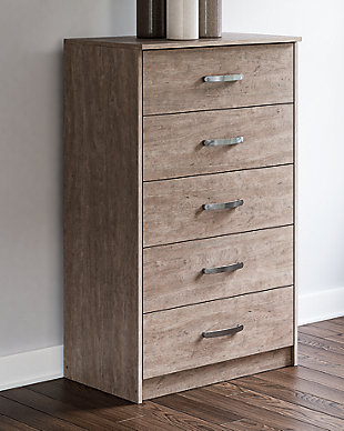 If you’re a fan of clean, crisp and contemporary interiors, rest assured the Flannia 5-drawer chest suits you. The linear profile and flush-mount drawers are enhanced with a warm gray vintage finish with subtle pearl effect over replicated cherry grain. Large satin nickel-tone pulls are an artful touch. Hard to believe such a high-style aesthetic can be so attractively priced.Made of engineered wood and decorative laminate | Warm gray vintage finish with subtle pearl effect over replicated cherry grain | Satin nickel-tone hardware | 5 smooth-gliding drawers | Vinyl wrapped drawer sides and back for durability | Safety is a top priority, clothing storage units are designed to meet the most current standard for stability, ASTM F 2057 (ASTM International) | Drawers extend out to accommodate maximum access to drawer interior while maintaining safety | Assembly required | Estimated Assembly Time: 45 Minutes