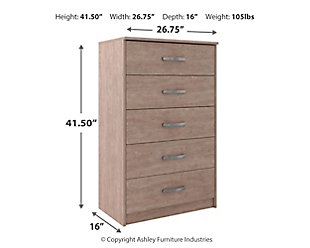 If you’re a fan of clean, crisp and contemporary interiors, rest assured the Flannia 5-drawer chest suits you. The linear profile and flush-mount drawers are enhanced with a warm gray vintage finish with subtle pearl effect over replicated cherry grain. Large satin nickel-tone pulls are an artful touch. Hard to believe such a high-style aesthetic can be so attractively priced.Made of engineered wood (MDF/particleboard) and decorative laminate | Warm gray vintage finish with subtle pearl effect over replicated cherry grain | Satin nickel-tone hardware | 5 smooth-gliding drawers | Vinyl wrapped drawer sides and back for durability | Safety is a top priority, clothing storage units are designed to meet the most current standard for stability, ASTM F 2057 (ASTM International) | Drawers extend out to accommodate maximum access to drawer interior while maintaining safety | Assembly required | Estimated Assembly Time: 45 Minutes