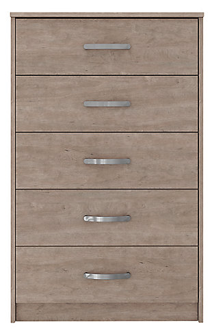 If you’re a fan of clean, crisp and contemporary interiors, rest assured the Flannia 5-drawer chest suits you. The linear profile and flush-mount drawers are enhanced with a warm gray vintage finish with subtle pearl effect over replicated cherry grain. Large satin nickel-tone pulls are an artful touch. Hard to believe such a high-style aesthetic can be so attractively priced.Made of engineered wood and decorative laminate | Warm gray vintage finish with subtle pearl effect over replicated cherry grain | Satin nickel-tone hardware | 5 smooth-gliding drawers | Vinyl wrapped drawer sides and back for durability | Safety is a top priority, clothing storage units are designed to meet the most current standard for stability, ASTM F 2057 (ASTM International) | Drawers extend out to accommodate maximum access to drawer interior while maintaining safety | Assembly required | Estimated Assembly Time: 45 Minutes