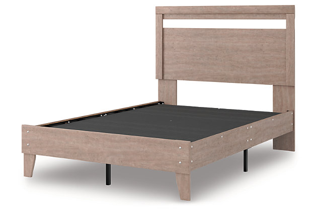 If you’re a fan of clean, crisp and contemporary interiors, rest assured the Flannia full panel platform bed suits you. Its linear profile is enhanced with a warm gray vintage finish with subtle pearl effect over replicated cherry grain. The headboard's peekaboo cutout adds a cut-above element. Hard to believe such a high-style aesthetic can be so attractively priced. Best of all, our innovative bed-in-a-box shipping system delivers your new bed right to the door.Complete queen bed in a box | Includes headboard and platform bed | Made with engineered wood (MDF/particleboard) and decorative laminate | Warm gray vintage finish with subtle pearl effect over replicated cherry grain | Bed does not require foundation/box spring | Mattress available, sold separately | Assembly required | Estimated Assembly Time: 45 Minutes