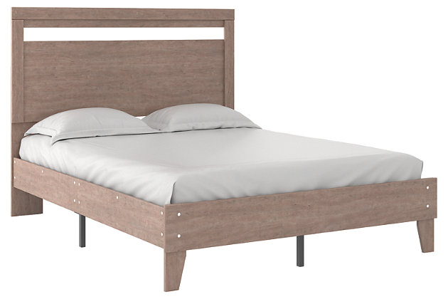 If you’re a fan of clean, crisp and contemporary interiors, rest assured the Flannia queen panel platform bed suits you. Its linear profile is enhanced with a warm gray vintage finish with subtle pearl effect over replicated cherry grain. The headboard's peekaboo cutout adds a cut-above element. Hard to believe such a high-style aesthetic can be so attractively priced. Best of all, our innovative bed-in-a-box shipping system delivers your new bed right to the door.Complete queen bed in a box | Includes headboard and platform bed | Made with engineered wood (MDF/particleboard) and decorative laminate | Warm gray vintage finish with subtle pearl effect over replicated cherry grain | Bed does not require foundation/box spring | Mattress available, sold separately | Assembly required | Estimated Assembly Time: 45 Minutes