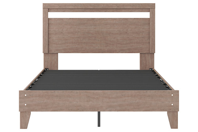 If you’re a fan of clean, crisp and contemporary interiors, rest assured the Flannia panel platform bed suits you. Its linear profile is enhanced with a warm gray vintage finish with subtle pearl effect over replicated cherry grain. The headboard's peekaboo cutout adds a cut-above element. Hard to believe such a high-style aesthetic can be so attractively priced. Best of all, our innovative bed-in-a-box shipping system delivers your new bed right to the door.Complete bed in a box | Includes headboard and platform bed | Made with engineered wood (MDF/particleboard) and decorative laminate | Warm gray vintage finish with subtle pearl effect over replicated cherry grain | Bed does not require foundation/box spring | Mattress available, sold separately | Assembly required | Estimated Assembly Time: 45 Minutes