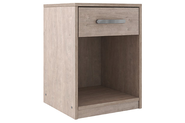 If you’re a fan of clean, crisp and contemporary interiors, rest assured the Flannia nightstand suits you. The linear profile and flush-mount drawers are enhanced with a warm gray vintage finish with subtle pearl effect over replicated cherry grain. Large satin nickel-tone pulls are an artful touch. Hard to believe such a high-style aesthetic can be so attractively priced.Made of engineered wood (MDF/particleboard) and decorative laminate | Warm gray vintage finish with subtle pearl effect over replicated cherry grain | Satin nickel-tone hardware | Smooth-gliding drawer | Open cubby accommodates any 10.5" W x 10.5" D x 11" H bin | Vinyl wrapped drawer sides and back for durability | Wire management grommet for ease of use with clock, radio or phone charger | Assembly required | Estimated Assembly Time: 15 Minutes