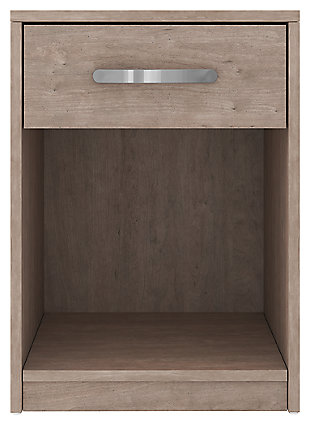 If you’re a fan of clean, crisp and contemporary interiors, rest assured the Flannia nightstand suits you. The linear profile and flush-mount drawers are enhanced with a warm gray vintage finish with subtle pearl effect over replicated cherry grain. Large satin nickel-tone pulls are an artful touch. Hard to believe such a high-style aesthetic can be so attractively priced.Made of engineered wood (MDF/particleboard) and decorative laminate | Warm gray vintage finish with subtle pearl effect over replicated cherry grain | Satin nickel-tone hardware | Smooth-gliding drawer | Open cubby accommodates any 10.5" W x 10.5" D x 11" H bin | Vinyl wrapped drawer sides and back for durability | Wire management grommet for ease of use with clock, radio or phone charger | Assembly required | Estimated Assembly Time: 15 Minutes
