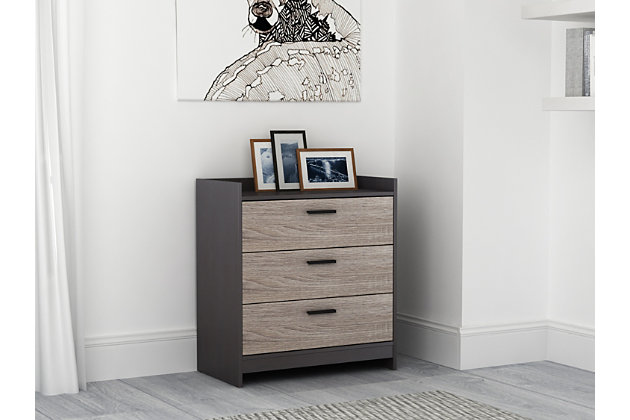Create the modern bedroom of your dreams with help from this 3-drawer chest with a fabulous two-tone finish. Ultra-clean lines are complemented with sleek linear hardware for sheer simplicity. No-snag interiors and ball bearing drawer glides make putting things away a snap.Made with engineered wood (MDF/particleboard) and decorative laminate | Two-tone finish | 3 drawers with 3/4 extension drawer glides | Metal drawer handles | Assembly required | Estimated Assembly Time: 45 Minutes
