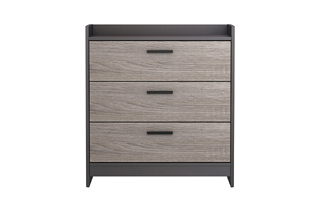 Create the modern bedroom of your dreams with help from this 3-drawer chest with a fabulous two-tone finish. Ultra-clean lines are complemented with sleek linear hardware for sheer simplicity. No-snag interiors and ball bearing drawer glides make putting things away a snap.Made with engineered wood (MDF/particleboard) and decorative laminate | Two-tone finish | 3 drawers with 3/4 extension drawer glides | Metal drawer handles | Assembly required | Estimated Assembly Time: 45 Minutes