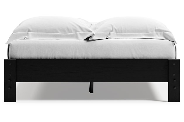 If you’re a fan of clean, crisp and contemporary interiors, rest assured the Finch queen platform bed suits you. The linear profile is enhanced with a matte black finish with subtle replicated wood grain. Hard to believe such high style can be so attractively priced.Queen platform bed (headboard not included) | Made with engineered wood (MDF/particleboard) and decorative laminate | Matte black finish with subtle replicated wood grain | Bed does not require additional foundation/box spring | Mattress available, sold separately | Assembly required | Estimated Assembly Time: 30 Minutes