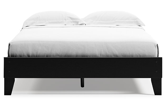 If you’re a fan of clean, crisp and contemporary interiors, rest assured the Finch queen platform bed suits you. The linear profile is enhanced with a matte black finish with subtle replicated wood grain. Hard to believe such high style can be so attractively priced.Queen platform bed (headboard not included) | Made with engineered wood (MDF/particleboard) and decorative laminate | Matte black finish with subtle replicated wood grain | Bed does not require additional foundation/box spring | Mattress available, sold separately | Assembly required | Estimated Assembly Time: 30 Minutes