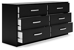 Practical and attractive, the Finch 6-drawer dresser blends seamlessly with modern decor and makes a smart addition to a bedroom. The six full-sized drawers slide easily and can be used to keep your clothes neat and organized. Sleek metal pulls in a brushed nickel-tone finish add to the streamlined aesthetic. Combine with other pieces in the collection to create a room that’s smart and stylish.Made of engineered wood and decorative laminate | Matte black finish with subtle replicated wood grain | 6 smooth-gliding drawers with ball-bearing construction and safety stops | Vinyl-wrapped drawer sides and back | Brushed nickel-tone hardware | Safety is a top priority, clothing storage units are designed to meet the most current standard for stability, ASTM F 2057 (ASTM International) | Drawers extend out to accommodate maximum access to drawer interior while maintaining safety | Assembly required | Estimated Assembly Time: 50 Minutes
