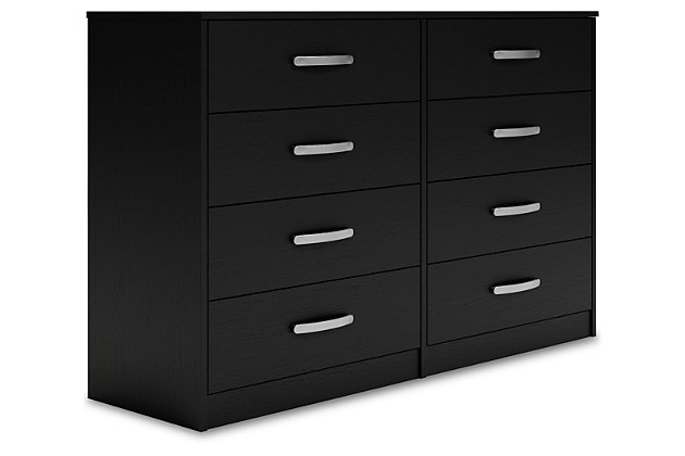 Practical and attractive, the Finch 8-drawer dresser blends seamlessly with modern decor and makes a smart addition to a bedroom. The eight full-sized drawers slide easily on metal ball bearings and can be used to keep your clothes neat and organized. Sleek metal pulls in a brushed nickel-tone finish add to the streamlined aesthetic. Combine with other units in the collection to create a room that’s smart and stylish.Made of engineered wood (MDF/particleboard) and decorative laminate | Matte black finish with subtle replicated wood grain | 8 smooth-gliding drawers with ball-bearing construction and safety stops | Vinyl-wrapped drawer sides and back | Brushed nickel-tone hardware | Safety is a top priority, clothing storage units are designed to meet the most current standard for stability, ASTM F 2057 (ASTM International) | Drawers extend out to accommodate maximum access to drawer interior while maintaining safety | Assembly required | Estimated Assembly Time: 50 Minutes