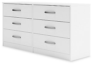 Practical and attractive, the Flannia dresser blends seamlessly with modern decor and makes a smart addition to a bedroom. The six full-sized drawers slide easily on metal ball bearings and can be used to keep your clothes neat and organized. Sleek metal pulls in a brushed nickel-tone finish add to the streamlined aesthetic. Combine with other units in the collection to create a room that’s smart and stylish.Made with engineered wood (MDF/particleboard) and decorative laminate | Solid white in a matte finish | 6 smooth-gliding drawers with ball-bearing construction and safety stops | Vinyl-wrapped drawer sides and back | Brushed nickel-tone hardware | Safety is a top priority, clothing storage units are designed to meet the most current standard for stability, ASTM F 2057 (ASTM International) | Drawers extend out to accommodate maximum access to drawer interior while maintaining safety | Assembly required | Estimated Assembly Time: 50 Minutes
