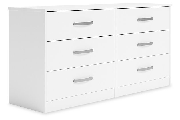 Practical and attractive, the Flannia dresser blends seamlessly with modern decor and makes a smart addition to a bedroom. The six -sized drawers slide easily on metal ball bearings and can be used to keep your clothes neat and organized. Sleek metal pulls in a brushed nickel-tone finish add to the streamlined aesthetic. Combine with other units in the collection to create a room that’s smart and stylish.Made with engineered wood (MDF/particleboard) and decorative laminate | Solid white in a matte finish | 6 smooth-gliding drawers with ball-bearing construction and safety stops | Vinyl-wrapped drawer sides and back | Brushed nickel-tone hardware | Safety is a top priority, clothing storage units are designed to meet the most current standard for stability, ASTM F 2057 (ASTM International) | Drawers extend out to accommodate maximum access to drawer interior while maintaining safety | Assembly required | Estimated Assembly Time: 50 Minutes