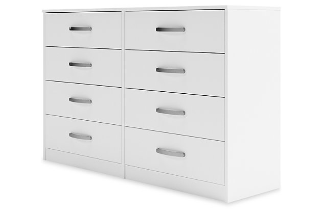 Practical and attractive, the Flannia dresser blends seamlessly with modern decor and makes a smart addition to a bedroom. Its full-sized drawers slide easily on metal ball bearings and can be used to keep your clothes neat and organized. Sleek metal pulls in a brushed nickel-tone finish add to the streamlined aesthetic. Combine with other units in the collection to create a room that’s smart and stylish.Made with engineered wood (MDF/particleboard) and decorative laminate | Solid white in a matte finish | 8 smooth-gliding drawers with ball-bearing construction and safety stops | Vinyl-wrapped drawer sides and back | Brushed nickel-tone hardware | Safety is a top priority, clothing storage units are designed to meet the most current standard for stability, ASTM F 2057 (ASTM International) | Drawers extend out to accommodate maximum access to drawer interior while maintaining safety | Assembly required | Estimated Assembly Time: 50 Minutes