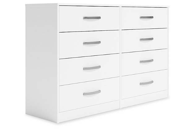 Practical and attractive, the Flannia 8-drawer dresser blends seamlessly with modern decor and makes a smart addition to a bedroom. Its full-sized drawers slide easily on metal ball bearings and can be used to keep your clothes neat and organized. Sleek metal pulls in a brushed nickel-tone finish add to the streamlined aesthetic. Combine with other units in the collection to create a room that’s smart and stylish.Made of engineered wood (MDF/particleboard) and decorative laminate | Solid white in a matte finish | 8 smooth-gliding drawers with ball-bearing construction and safety stops | Vinyl-wrapped drawer sides and back | Brushed nickel-tone hardware | Safety is a top priority, clothing storage units are designed to meet the most current standard for stability, ASTM F 2057 (ASTM International) | Drawers extend out to accommodate maximum access to drawer interior while maintaining safety | Assembly required | Estimated Assembly Time: 50 Minutes