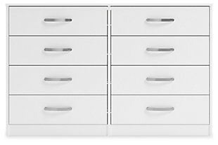 Practical and attractive, the Flannia 8-drawer dresser blends seamlessly with modern decor and makes a smart addition to a bedroom. Its full-sized drawers slide easily on metal ball bearings and can be used to keep your clothes neat and organized. Sleek metal pulls in a brushed nickel-tone finish add to the streamlined aesthetic. Combine with other units in the collection to create a room that’s smart and stylish.Made with engineered wood (MDF/particleboard) and decorative laminate | Solid white in a matte finish | 8 smooth-gliding drawers with ball-bearing construction and safety stops | Vinyl-wrapped drawer sides and back | Brushed nickel-tone hardware | Safety is a top priority, clothing storage units are designed to meet the most current standard for stability, ASTM F 2057 (ASTM International) | Drawers extend out to accommodate maximum access to drawer interior while maintaining safety | Assembly required | Estimated Assembly Time: 50 Minutes