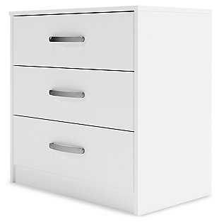 Practical and attractive, the Flannia chest blends seamlessly with modern decor and makes a smart addition to a bedroom. Its three full-sized drawers slide easily on metal ball bearings and can be used to keep your clothes neat and organized. Sleek metal pulls in a brushed nickel-tone finish add to the streamlined aesthetic. Combine with other units in the collection to create a room that’s smart and stylish.Made with engineered wood (MDF/particleboard) and decorative laminate | Solid white in a matte finish | 3 smooth-gliding drawers with ball-bearing construction and safety stops | Brushed nickel-tone hardware | Safety is a top priority, clothing storage units are designed to meet the most current standard for stability, ASTM F 2057 (ASTM International) | Drawers extend out to accommodate maximum access to drawer interior while maintaining safety | Assembly required | Estimated Assembly Time: 25 Minutes