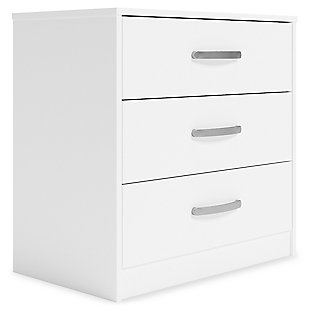 Practical and attractive, the Flannia chest blends seamlessly with modern decor and makes a smart addition to a bedroom. Its three -sized drawers slide easily on metal ball bearings and can be used to keep your clothes neat and organized. Sleek metal pulls in a brushed nickel-tone finish add to the streamlined aesthetic. Combine with other units in the collection to create a room that’s smart and stylish.Made with engineered wood (MDF/particleboard) and decorative laminate | Solid white in a matte finish | 3 smooth-gliding drawers with ball-bearing construction and safety stops | Brushed nickel-tone hardware | Safety is a top priority, clothing storage units are designed to meet the most current standard for stability, ASTM F 2057 (ASTM International) | Drawers extend out to accommodate maximum access to drawer interior while maintaining safety | Assembly required | Estimated Assembly Time: 25 Minutes