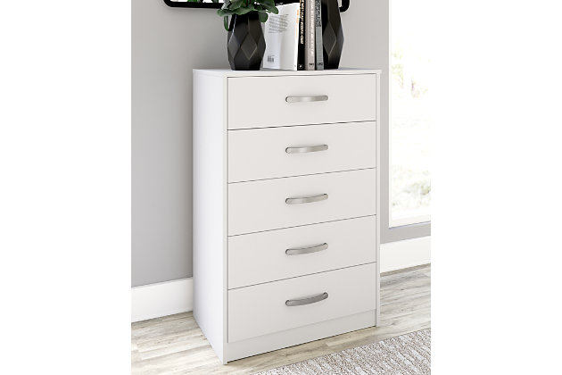 The Flannia chest has simple lines and contemporary styling, allowing it to blend seamlessly with any decor. Five spacious drawers will keep your clothes neat and organized. Combine with other units in the collection to create a room that’s stylish and practical.Made with engineered wood (MDF/particleboard) and decorative laminate | Solid white in a matte finish | Metal pulls in a brushed nickel-tone finish | 5 smooth-gliding drawers with ball-bearing construction and safety stops | Safety is a top priority, clothing storage units are designed to meet the most current standard for stability, ASTM F 2057 (ASTM International) | Drawers extend out to accommodate maximum access to drawer interior while maintaining safety | Assembly required | Estimated Assembly Time: 45 Minutes