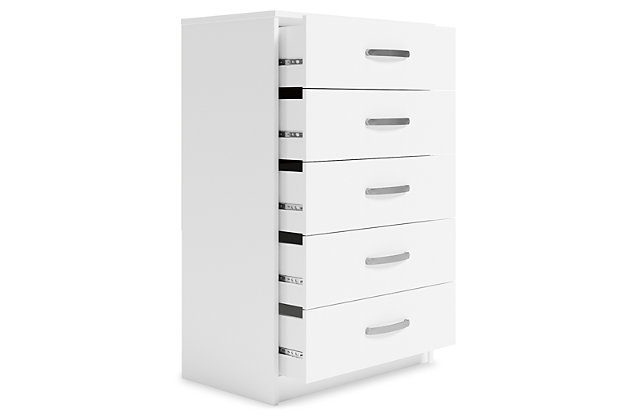 The Flannia chest has simple lines and contemporary styling, allowing it to blend seamlessly with any decor. Five spacious drawers will keep your clothes neat and organized. Combine with other units in the collection to create a room that’s stylish and practical.Made with engineered wood (MDF/particleboard) and decorative laminate | Solid white in a matte finish | Metal pulls in a brushed nickel-tone finish | 5 smooth-gliding drawers with ball-bearing construction and safety stops | Safety is a top priority, clothing storage units are designed to meet the most current standard for stability, ASTM F 2057 (ASTM International) | Drawers extend out to accommodate maximum access to drawer interior while maintaining safety | Assembly required | Estimated Assembly Time: 45 Minutes