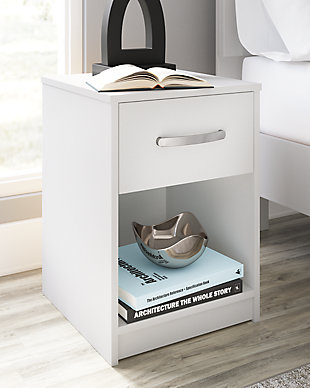 Practical and attractive, the Flannia nightstand blends seamlessly with modern decor and makes a smart addition to a bedroom. The smooth-gliding drawer on metal ball bearings is ideal for bedside essentials. Open cubby provides a nice place for a storage basket or vase. Curved metal pull in brushed nickel-tone finish adds to the streamlined aesthetic. Combine with other units in the collection to create a room that’s sleek and stylish.Made with engineered wood (MDF/particleboard) and decorative laminate | Solid white in a matte finish | Brushed nickel-tone metal hardware | Smooth-gliding drawer with ball-bearing construction and safety stop | Open cubby | Assembly required | Estimated Assembly Time: 20 Minutes